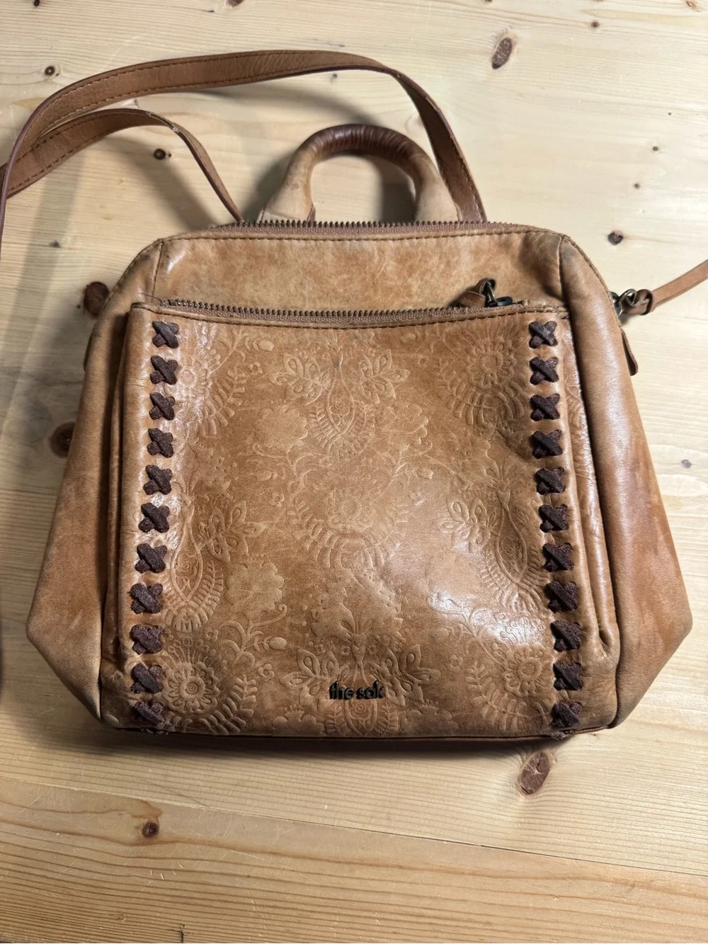 The Sak Brown Floral Embossed Zip Satchel Top Handle Detachable Strap